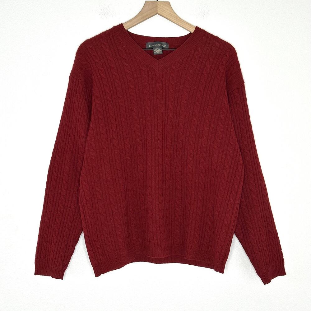 Banana Republic 100% Wool Cable Knit Sweater Sz M Red Fisherman Coastal Preppy